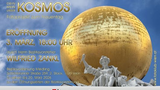 Flyer Dein Mein Unser Kosmos, Staute und Goldene Kugel im Hintergrund